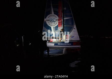 Erwan le Mene, Rousseau Clotures terminant 4e de la catégorie proto de la 2e manche en 14 jours, 17 heures, 04 minutes et 15 secondes lors de l’arrivée de la Mini Transat la Boulangère 2019, course de voile de classe 6,50 entre la Rochelle - Las Palmas de Gran Canaria - le Marin, depuis le Marin, France le 17 novembre 2019 - photo Olivier Blanchet / DPPI Banque D'Images