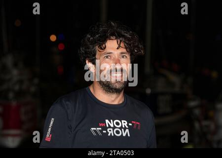 Erwan le Mene, Rousseau Clotures terminant 4e de la catégorie proto de la 2e manche en 14 jours, 17 heures, 04 minutes et 15 secondes lors de l’arrivée de la Mini Transat la Boulangère 2019, course de voile de classe 6,50 entre la Rochelle - Las Palmas de Gran Canaria - le Marin, depuis le Marin, France le 17 novembre 2019 - photo Olivier Blanchet / DPPI Banque D'Images