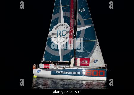 Erwan le Mene, Rousseau Clotures terminant 4e de la catégorie proto de la 2e manche en 14 jours, 17 heures, 04 minutes et 15 secondes lors de l’arrivée de la Mini Transat la Boulangère 2019, course de voile de classe 6,50 entre la Rochelle - Las Palmas de Gran Canaria - le Marin, depuis le Marin, France le 17 novembre 2019 - photo Olivier Blanchet / DPPI Banque D'Images