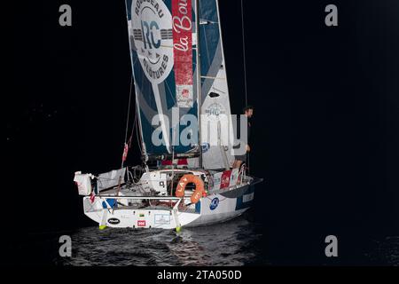 Erwan le Mene, Rousseau Clotures terminant 4e de la catégorie proto de la 2e manche en 14 jours, 17 heures, 04 minutes et 15 secondes lors de l’arrivée de la Mini Transat la Boulangère 2019, course de voile de classe 6,50 entre la Rochelle - Las Palmas de Gran Canaria - le Marin, depuis le Marin, France le 17 novembre 2019 - photo Olivier Blanchet / DPPI Banque D'Images