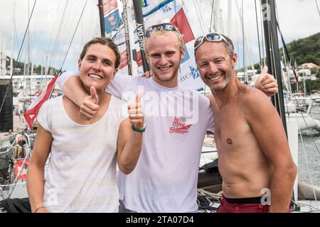 Podium finale de la série Clarisse CREMER (2e), Erwan LE DRAOULEC (vainqueur), Benoit SINEAU (3e) lors de la Mini Transat la Boulangère 2017 le 17 novembre 2017 à Marin, Martinique, France - photo Olivier Blanchet / DPPI Banque D'Images