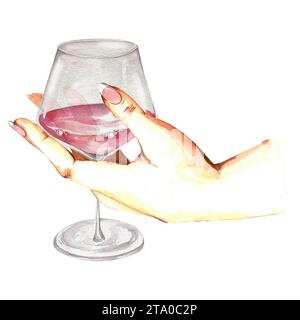 Composition aquarelle - un verre de vin rouge dans la main d'une femme. Illustration sur fond blanc. Pour la conception des menus de café et de restaurant, label Banque D'Images