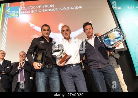 Podium de classe ultime avec Yann Guichard (2e), Loick Peyron (1e) et Sébastien Josse (3e) lors de la cérémonie de remise des prix route du Rhum 2014 au salon NAUTIC à Paris (France) le 06 décembre 2014 - photo Olivier Blanchet / DPPI Banque D'Images