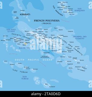 Carte physique très détaillée de la Polynésie française au format vectoriel, avec toutes les formes de relief, les régions et les grandes villes. Illustration de Vecteur