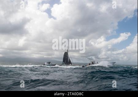 Yann Guichard, skipper du maxi trimaran Spindrift 2, catégorie ultime, termine 2e de la route du Rhum destination Guadeloupe, à Pointe à Pitre, Guadeloupe, le 10 novembre 2014 - photo Olivier Blanchet / DPPI Banque D'Images