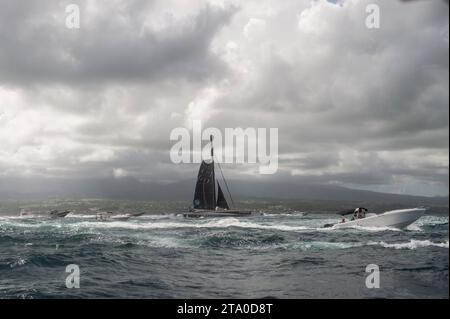 Yann Guichard, skipper du maxi trimaran Spindrift 2, catégorie ultime, termine 2e de la route du Rhum destination Guadeloupe, à Pointe à Pitre, Guadeloupe, le 10 novembre 2014 - photo Olivier Blanchet / DPPI Banque D'Images