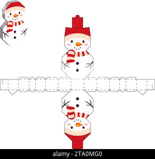 Emballage simple favoriser la conception de bonhomme de neige boîte pour bonbons, bonbons, petits cadeaux. Modèle de package de fête. Imprimer, découper, plier, coller. Stock vectoriel Illustration de Vecteur