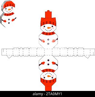 Emballage simple favoriser la conception de bonhomme de neige boîte pour bonbons, bonbons, petits cadeaux. Modèle de package de fête. Imprimer, découper, plier, coller. Stock vectoriel Illustration de Vecteur