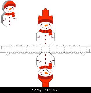 Emballage simple favoriser la conception de bonhomme de neige boîte pour bonbons, bonbons, petits cadeaux. Modèle de package de fête. Imprimer, découper, plier, coller. Stock vectoriel Illustration de Vecteur