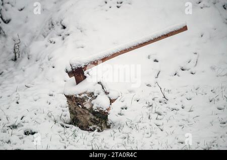 Kleinmachnow, Allemagne. 28 novembre 2023. Une hache recouverte de neige est coincée dans un morceau de bois. Crédit : Ralf Hirschberger/dpa/ZB/dpa/Alamy Live News Banque D'Images