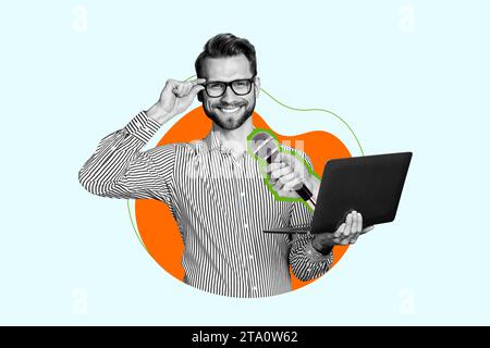 Poster bannière image image de collage de travailleur gars ont une interview en ligne avec journaliste Hold mic Banque D'Images