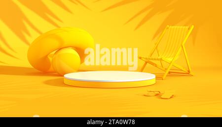 Podium blanc et jaune pour concept de produit sur un fond de studio jaune avec jouets de plage et chaise. Heure d'été. Concept minimal. Rendu 3D. Banque D'Images