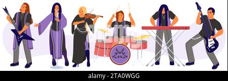 Ensemble isolé de personnages de dessins animés d'artiste rock lourd de métal Illustration de Vecteur