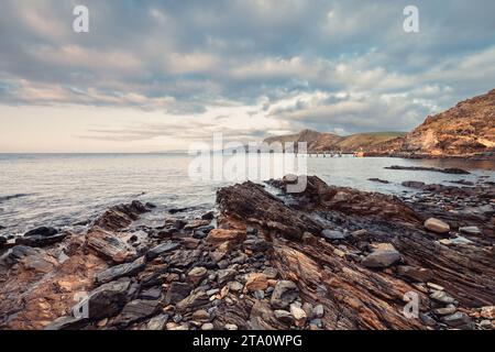 Vue sur la côte de la deuxième vallée au coucher du soleil, péninsule de Fleurieu, Australie méridionale Banque D'Images