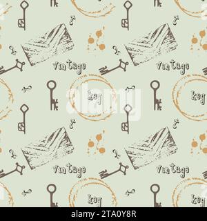 Motif vintage avec des taches de vin, vieilles clés, empreintes de timbres, sur fond de vieux papier vert shabby. Illustration vectorielle Illustration de Vecteur