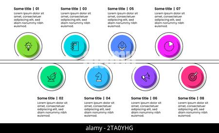 Modèle infographique avec 8 options ou étapes. Ligne avec des cercles. Peut être utilisé pour la mise en page de flux de travail, diagramme, bannière, webdesign. Illustration vectorielle Illustration de Vecteur