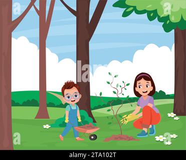 enfant et mère plantant un jeune arbre Illustration de Vecteur