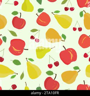 Motif de vecteur de fruit mignon. Texture de mélange de fruits sans couture. Pommes, poires et cerises sur fond vert clair. Illustration de Vecteur