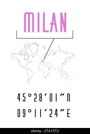 Design graphique Milan affiche ou t-shirt. Coordonnées de la ville et typographie de l'emplacement de la carte du monde. Conception d'affiche minimale créative. Illustration de Vecteur