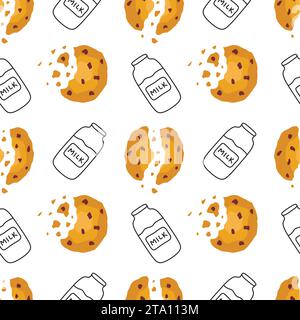 Modèle sans couture avec bouteille de lait mignon et biscuits. Illustration de Vecteur