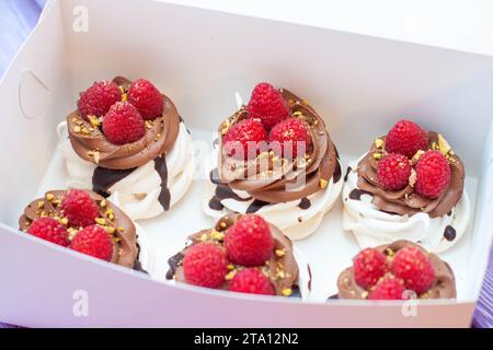 Mini gâteaux à la crème fouettée, chocolat, meringue et framboises fraîches. Affiche de confiserie pour café ou restaurant Banque D'Images