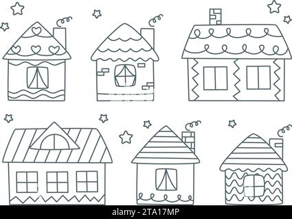 Doodle Houses Set illustration vectorielle. Mignons cottages dessinés à la main pour les familles. Contour d'encre simple de bâtiment résidentiel rural isolé sur blanc Illustration de Vecteur