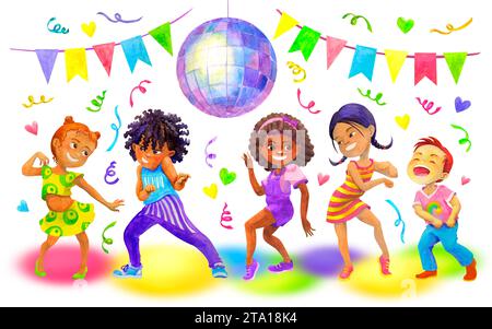 Heureux garçon multiculturel et filles dansant, s'amusant dans la fête d'enfants. Célébrer le concept. Illustration d'aquarelle isolée pour la conception de fête de danse Banque D'Images