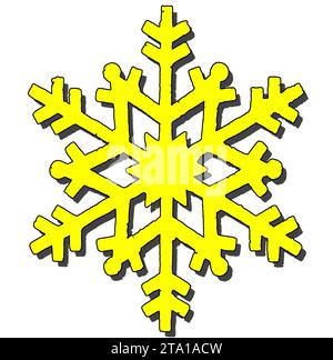 Noël, graphismes à effet pochoir avec des cristaux de neige, avec des bords et des lignes irréguliers, dans certains endroits, les lignes sont fissurées, manquantes. Couleur jaune Banque D'Images