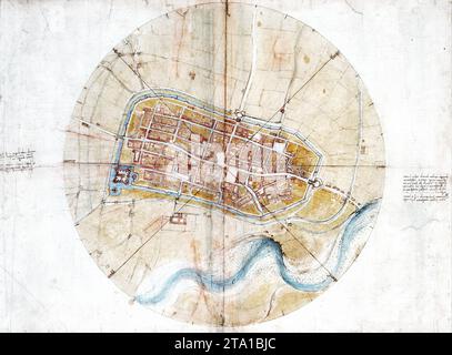 Léonard de Vinci - Plan d'Imola - carte d'Imola, couleur corrigée Banque D'Images