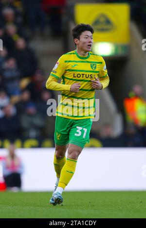 Hwang UI-JO of Norwich City - Norwich City v Queens Park Rangers, Sky Bet Championship, Carrow Road, Norwich, Royaume-Uni - 25 novembre 2023 usage éditorial uniquement - des restrictions de DataCo s'appliquent Banque D'Images