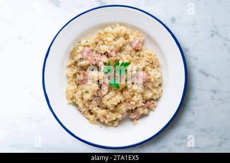 Risotto catalan à la saucisse butifarra au parmesan. Recette mixte espagnole et italienne. Banque D'Images