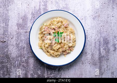 Risotto catalan à la saucisse butifarra au parmesan. Recette mixte espagnole et italienne. Banque D'Images