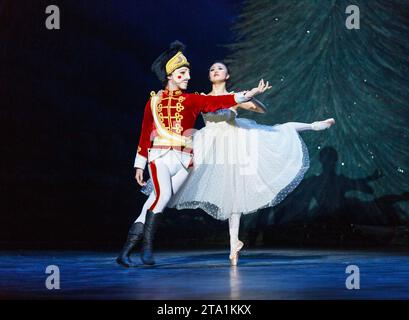 Nathan Young (casse-noisette), Shiori Kase (Clara) dans LE CASSE-NOISETTE au Ballet National anglais (ENB), London Coliseum WC2 11/12/2013 musique : Pyotr Ilyich Tchaïkovsky chef d'orchestre : Gavin Sutherland chorégraphie : Wayne Eagling design : Peter Farmer éclairage : David Richardson Banque D'Images