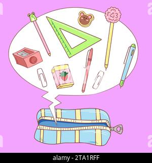 Étui à crayons avec fournitures de papeterie scolaire dans le style de dessin animé. Autocollants dessinés à la main. Illustration vectorielle colorée isolée. Illustration de Vecteur