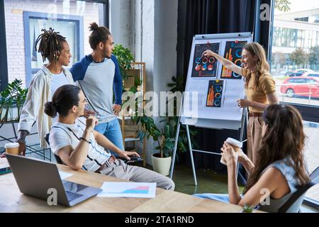 femme d'affaires pointant au tableau de conférence et discutant du projet de démarrage avec des collègues multiethniques Banque D'Images