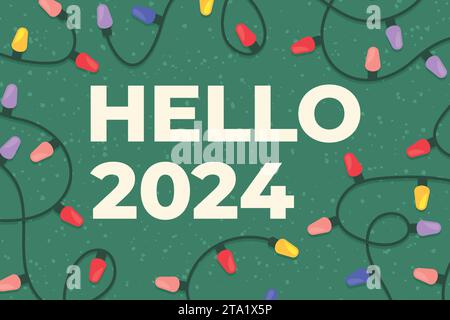bonjour nouveau texte 2024 et lumières de noël colorées - illustration vectorielle Illustration de Vecteur