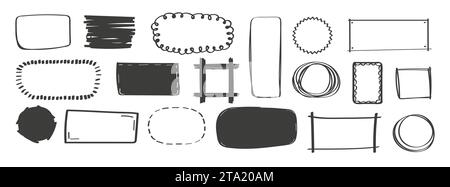 Vecteur de définition de trames Doodle. Jeu de zones de texte de ligne rectangulaire dessinée à la main. Griffonner rectangulaire, en forme de cercle. Boîte vide pour le crayon d'esquisse Illustration de Vecteur