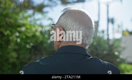 Portrait décontracté d'un homme âgé mûr aux cheveux blancs debout à l'arrière, regardant le parc verdoyant ; montrant la vue arrière, un reflet de la vie Banque D'Images