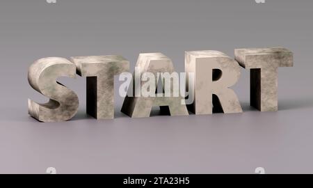 Inscription en béton de luxe début sur podium gris, lumière douce, vue de face fond lisse, rendu 3D. Banque D'Images