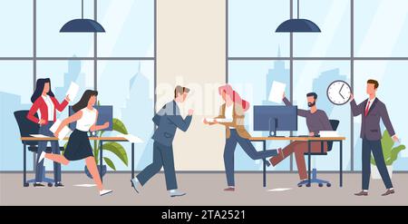 Panique et stress au bureau, perturbation des délais de travail. Employés stressés, hommes et femmes, travail inefficace et improductif. Pressez les hommes et les femmes Illustration de Vecteur