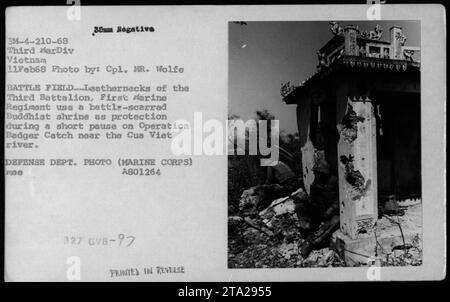 Les Marines du troisième bataillon du premier régiment de Marines cherchent un abri temporaire derrière un sanctuaire bouddhiste endommagé lors de l'opération Badger Tooth près de la rivière Cua Viet. Cette photographie, prise le 11 février 1968, capture un moment de pause lors d’une situation de combat au Vietnam. (Crédit image : Cpl. M. Wolfe, USMC) Banque D'Images