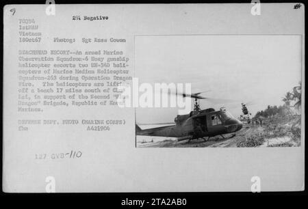 Photo de l'hélicoptère armé Marine observation Squadron-6 Huey escortant deux hélicoptères UH-34D du Marine Medium Helicopter Squadron-263 pendant l'opération Dragon Fire. Les hélicoptères décollent d'une plage à 17 miles au sud de Chu Lai, en soutien à la deuxième Brigade 'Dragon Bleu' des Marines de la République de Corée. Banque D'Images