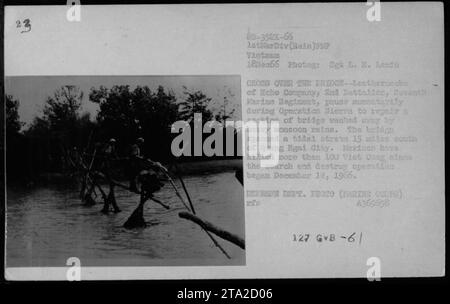 Les Marines de la compagnie Echo, 2e bataillon, 7e régiment de Marines, font une pause pendant l'opération Sierra pour réparer une section du pont emporté par les pluies de mousson. Le pont enjambait un courant de marée à 15 miles au sud de la ville de Quang Ngai. Les Marines ont tué plus de 100 Viet Cong depuis le début de l'opération le 12 décembre 1966. Banque D'Images