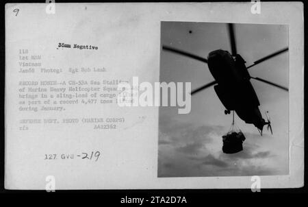 Pendant la guerre du Vietnam, un hélicoptère CH-53a Sea Stallion appartenant au Marine Heavy Helicopter Squadron-463 est vu apporter une élingue de cargaison. En janvier 1968, cet escadron a établi un record en soulevant un total de 4 477 tonnes de marchandises. Cette photographie a été prise par le sergent Bob Leak et fait partie de la collection de photos du ministère de la Défense. Banque D'Images