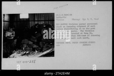 Le personnel postal de la 3e Division des Marines à Dong Ha, Vietnam, inspecte et distribue le courrier entrant aux bureaux de poste. Plus de 200 tonnes de courrier sont traitées chaque mois au bureau de poste de la Division, servant de lien de communication important pour le personnel militaire américain. Photo : Sgt H. R. Wood, Département de la Défense des États-Unis. (Légende : A193341) Banque D'Images