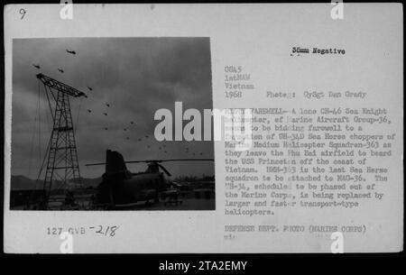 Un hélicoptère CH-46 Sea Knight isolé du Marine Aircraft Group-36 fait ses adieux à une formation d'hélicoptères UH-34D Sea Horse du Marine Medium Helicopter Squadron-363 alors qu'ils quittent l'aérodrome de FHU Bai pour rejoindre l'USS Princeton au large de la côte. HMM-363 est le dernier escadron UH-34 attaché à MAG-36. Banque D'Images