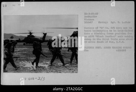 Marines de la compagnie 'G', 2/9, embarquant des hélicoptères pour une opération d'héliport dans la région des tombes royales, située à environ 10 miles au sud de Hué, République du Vietnam, le 5 février 1967. Cette opération était en soutien à une unité ARVN 'Black Panther' effectuant un balayage. Photographie prise par le sergent II L. Show, affecté à la 3e Division Marine, Vietnam. Banque D'Images