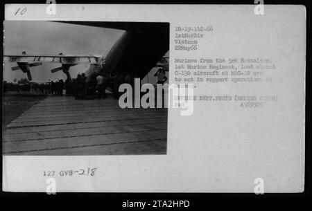 Les Marines du 3e Bataillon, 1e Régiment de Marines chargent sur des avions C-130 pour soutenir les opérations à Danang au Vietnam. La photo, prise le 22 mai 1966, montre des hélicoptères CH-46 de la 1e Division Marine, 18 GVB-218. L'image fait partie des photographies des activités militaires américaines pendant la série de la guerre du Vietnam. DEFENSE DEPT.PHOTO (MARINE CORPS) A369325 TUD. Banque D'Images