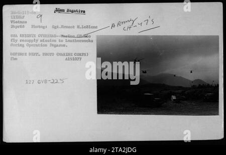 Marine CH-46 Sea Knights pilote une mission de ravitaillement pour fournir un soutien aux troupes pendant l'opération Pegasus au Vietnam. La photo, prise le 2 avril 1968, montre les hélicoptères en action, servant de bouée vitale pour les troupes sur le terrain. Le corps des Marines a joué un rôle crucial dans l'effort de guerre. Banque D'Images