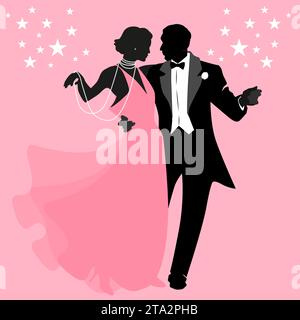 Des danseurs élégants couples silhouettes dansant dans un style rétro. Style de danse Broadway. Illustration de Vecteur